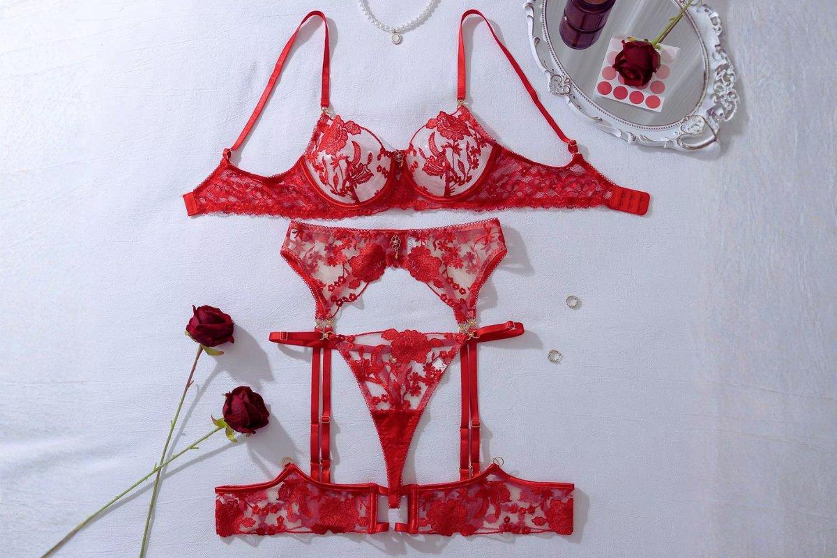 Red multi piece lingerie set with bra, garter belt, garters and matching brief