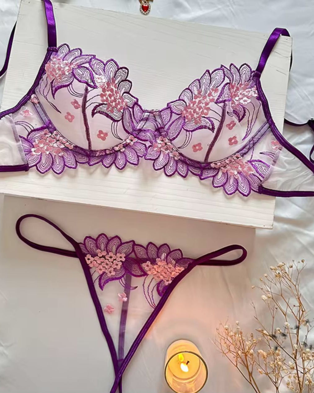 Purple Passion floral bra and G string lingerie set from The Blackmarket Lingerie