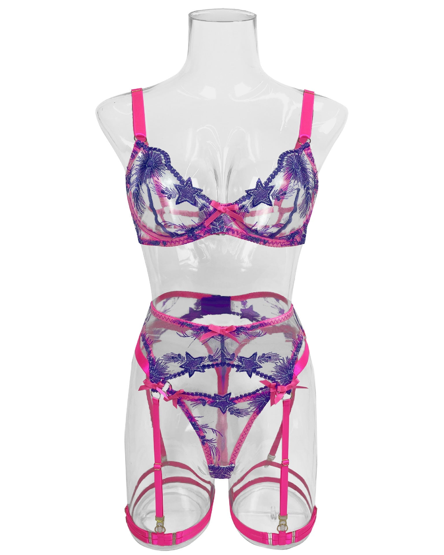 Electric Bubbleyum purple and pink lace bra, G, garter belt and garters lingerie set from The Blackmarket