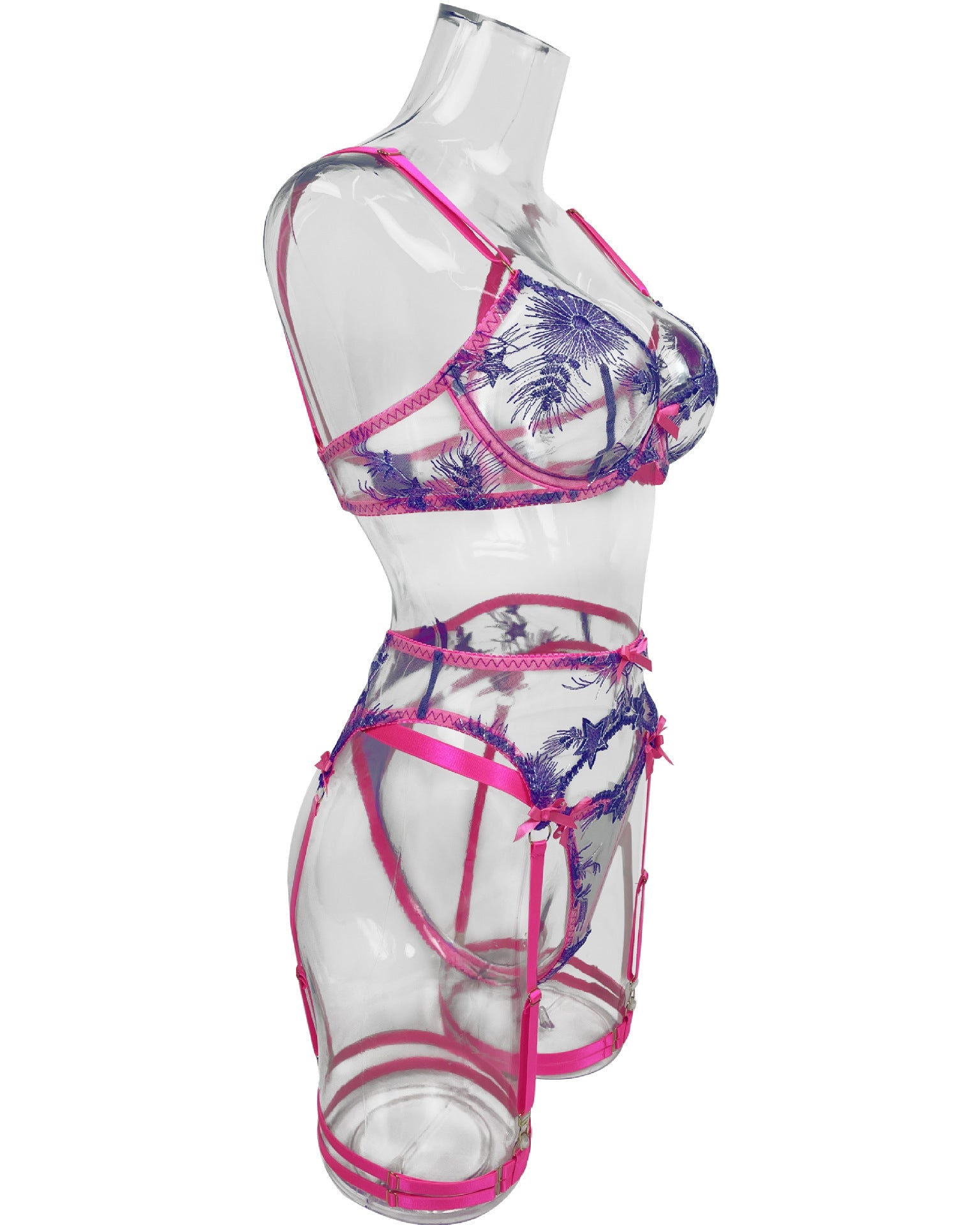 Electric Bubbleyum purple and pink lace bra, G, garter belt and garters lingerie set from The Blackmarket