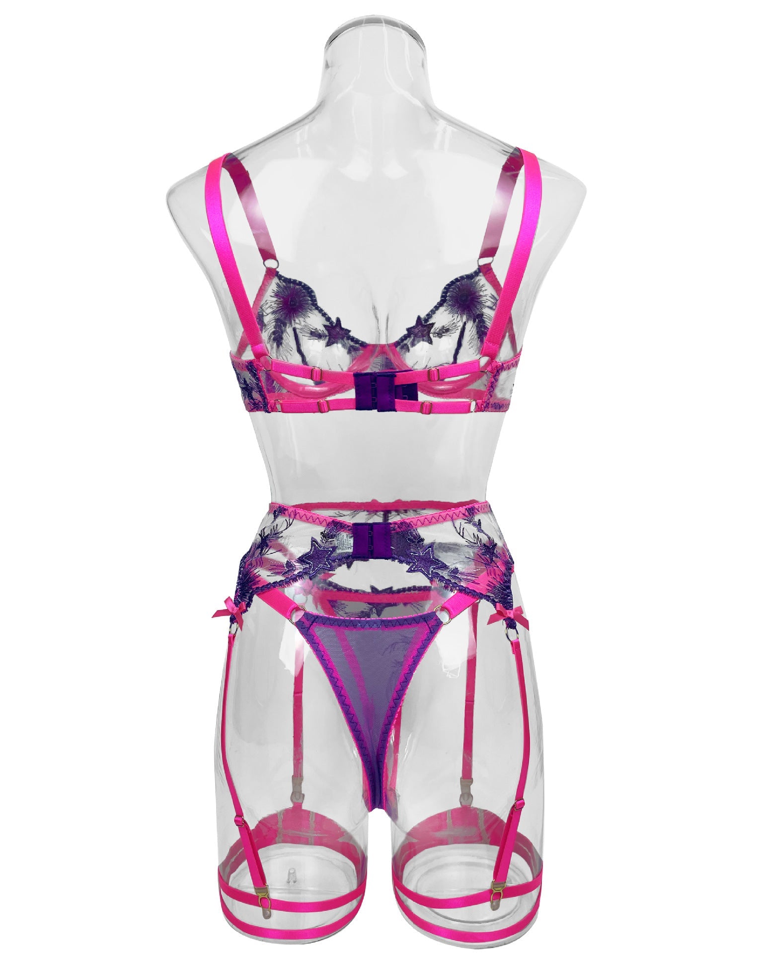Electric Bubbleyum purple and pink lace bra, G, garter belt and garters lingerie set from The Blackmarket