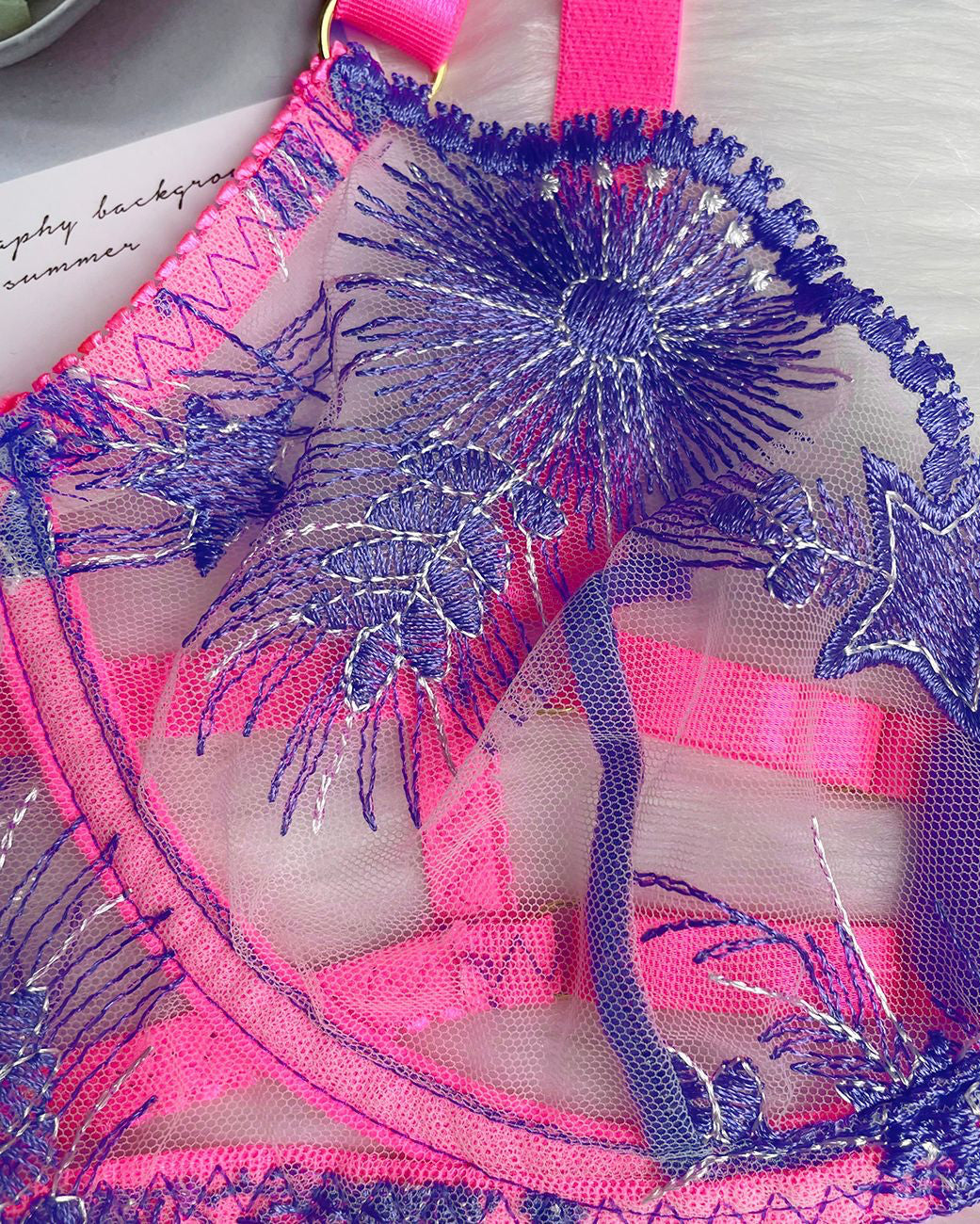 Electric Bubbleyum purple and pink lace bra, G, garter belt and garters lingerie set from The Blackmarket