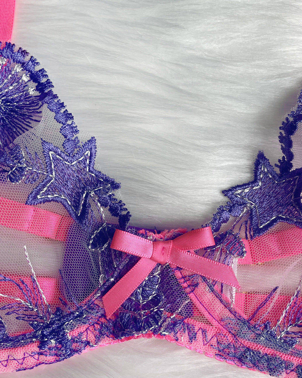 Electric Bubbleyum purple and pink lace bra, G, garter belt and garters lingerie set from The Blackmarket