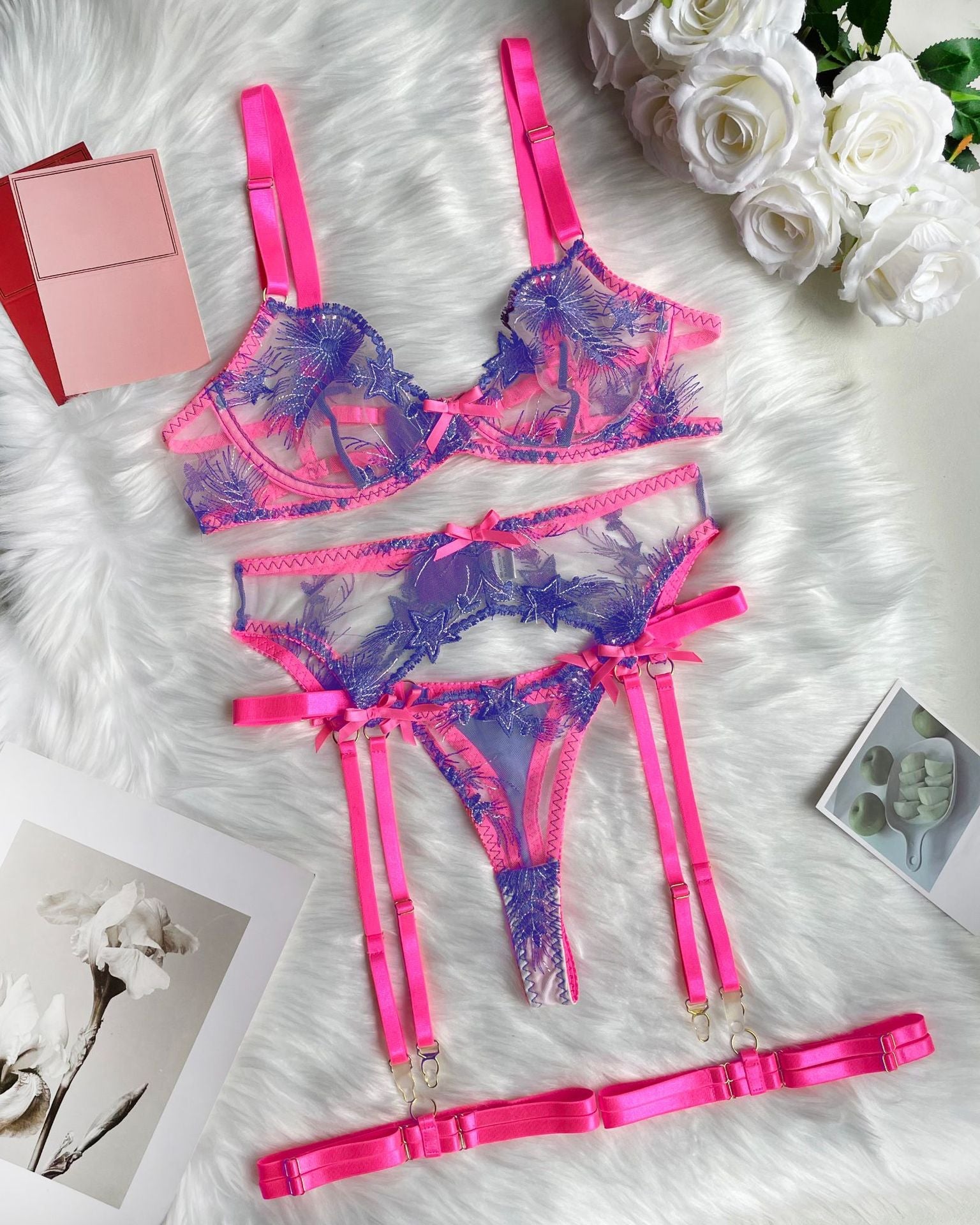 Electric Bubbleyum purple and pink lace bra, G, garter belt and garters lingerie set from The Blackmarket