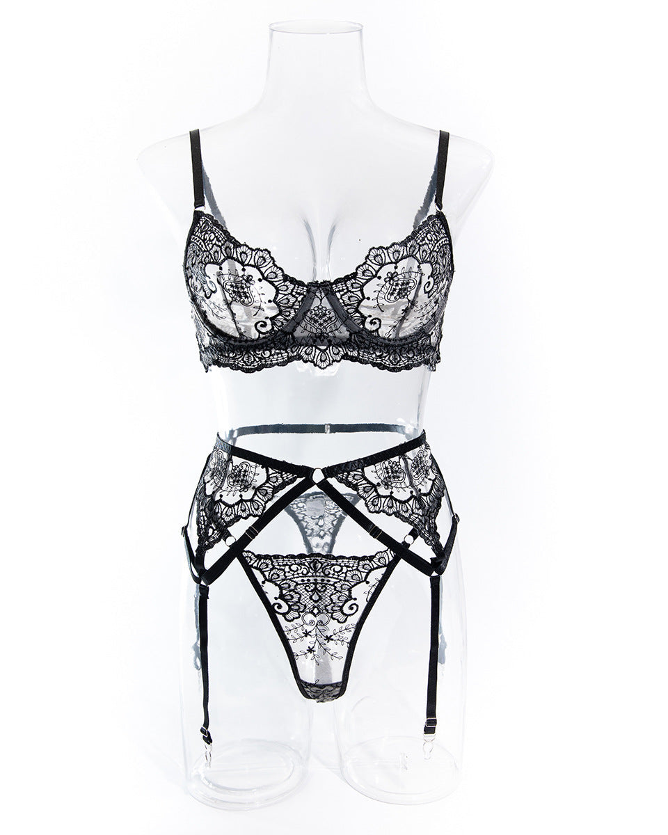 Love Language black lace embroidered bra, garter belt and G from The Blackmarket
