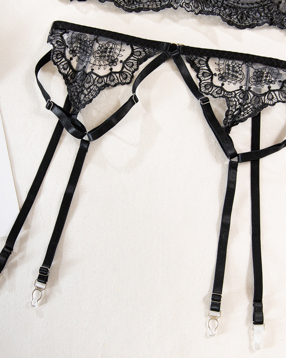 Love Language black lace embroidered bra, garter belt and G from The Blackmarket