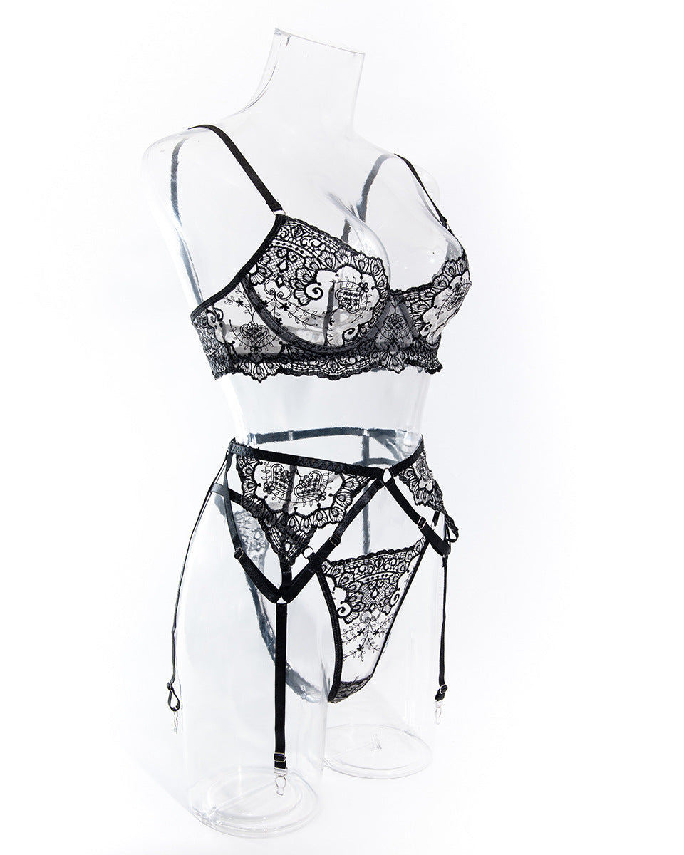 Love Language black lace embroidered bra, garter belt and G from The Blackmarket