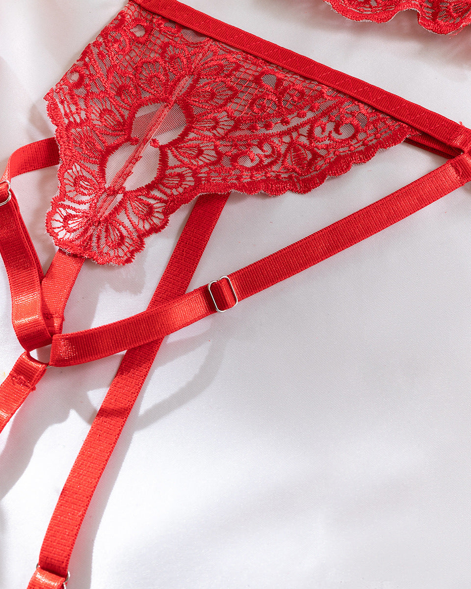 Love Language red lace three piece bra, garter and G lingerie set from The Blackmarket Lingerie