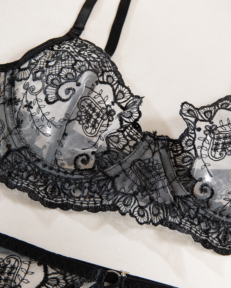 Love Language black lace embroidered bra, garter belt and G from The Blackmarket