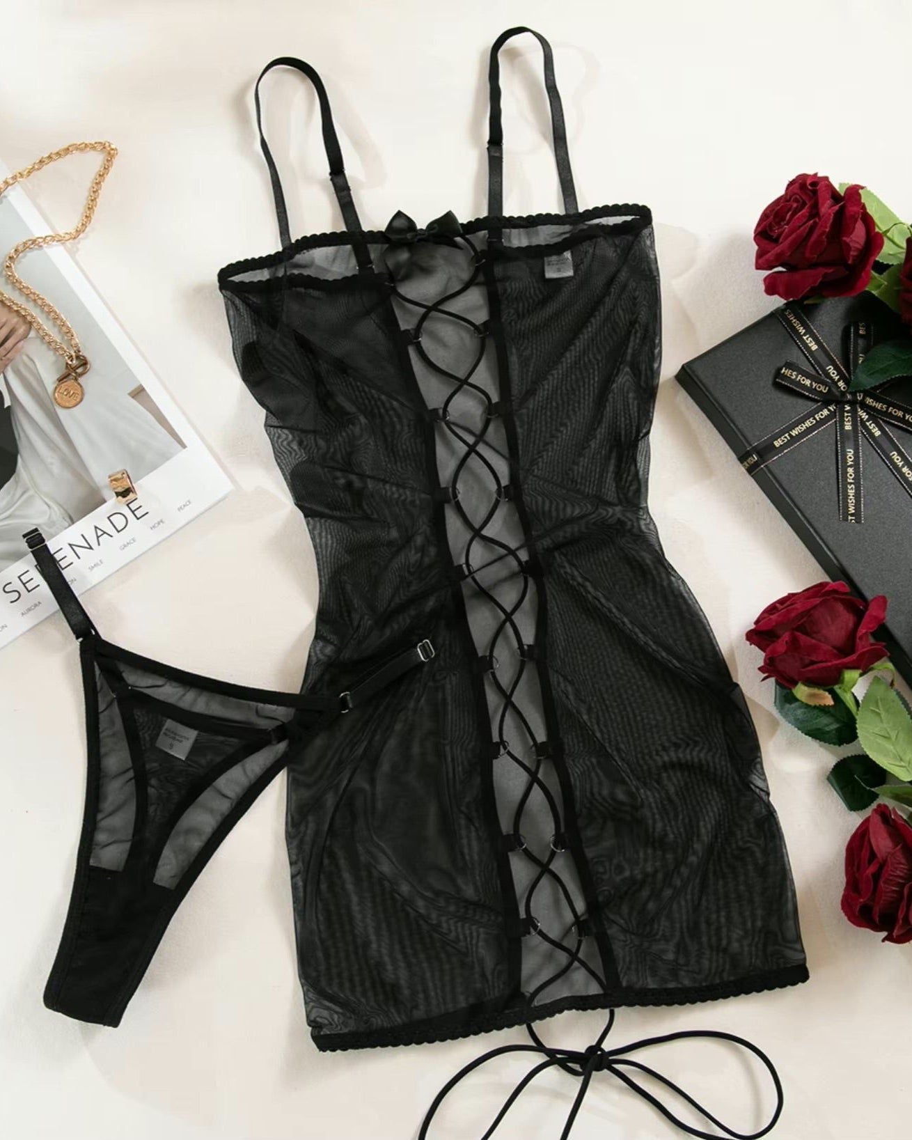 Sheer black lace up lingerie slip from The Blackmarket Lingerie
