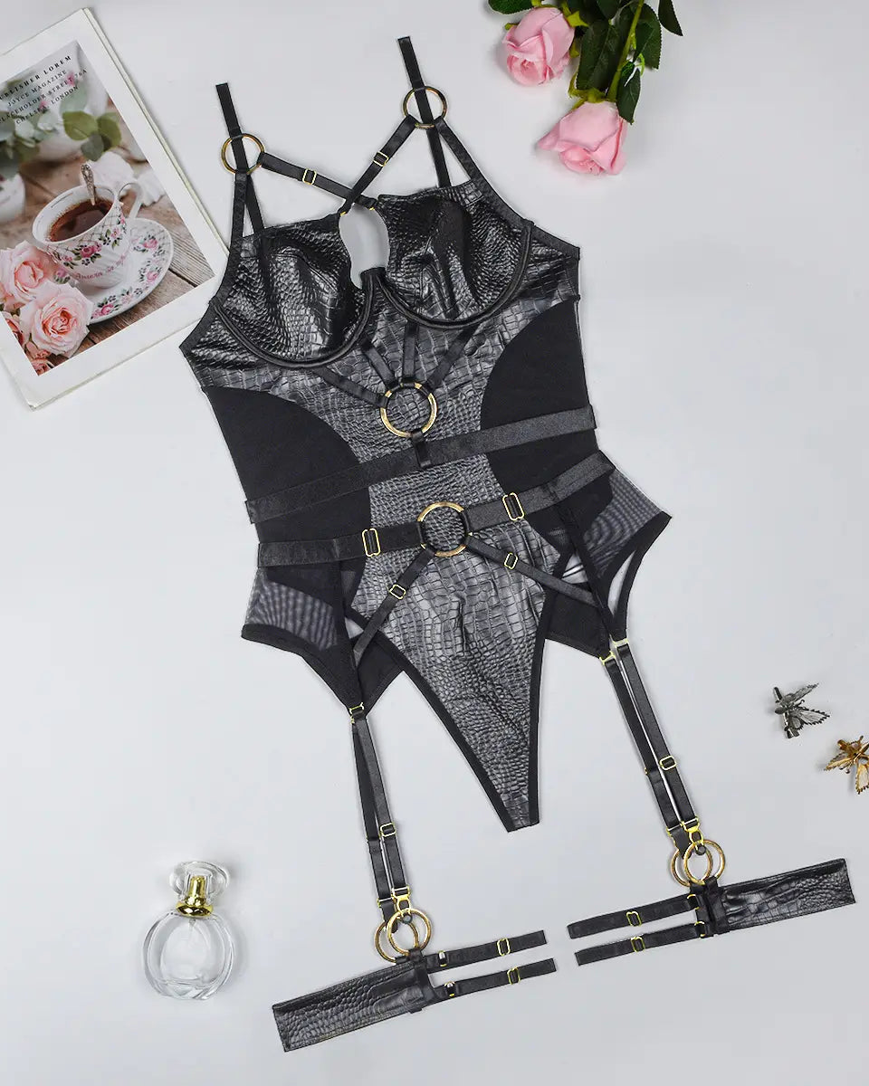 Second Skin Bodysuit in Black Snakeskin from The Blackmarket Lingerie