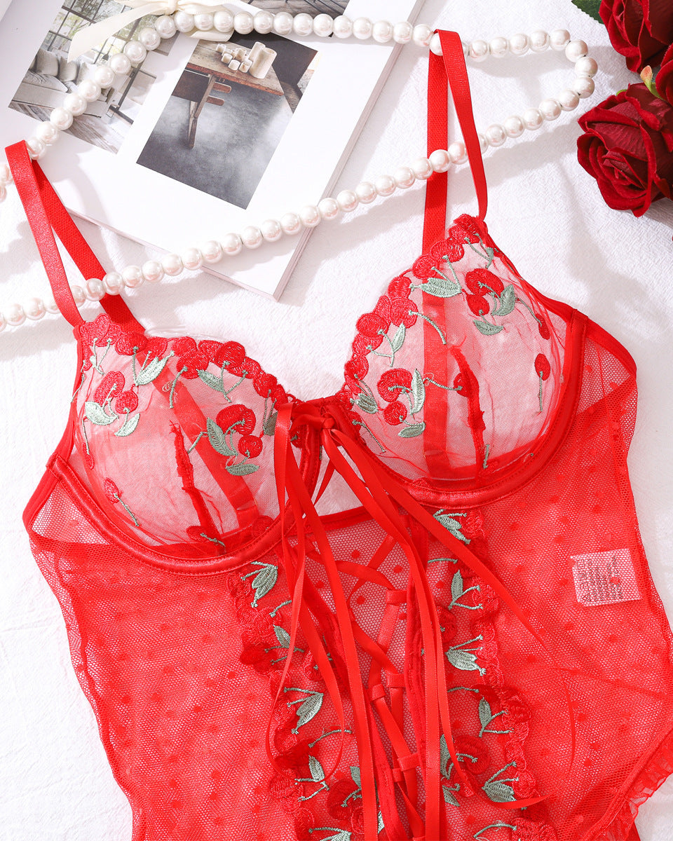 Red lace cherry bodysuit from The Blackmarket Lingerie