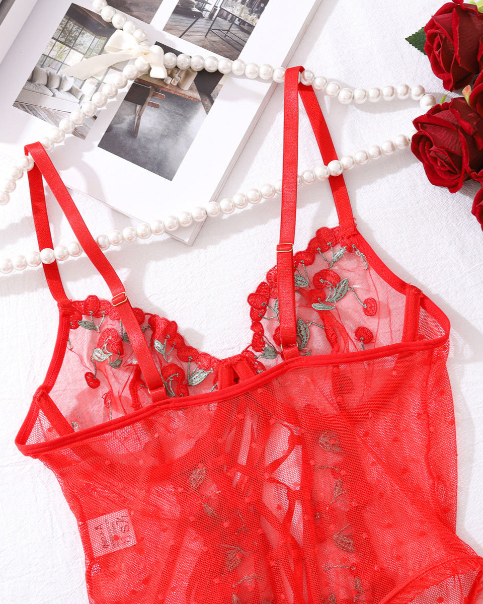 sheer red lace sexy bodysuit from The Blackmarket Lingerie