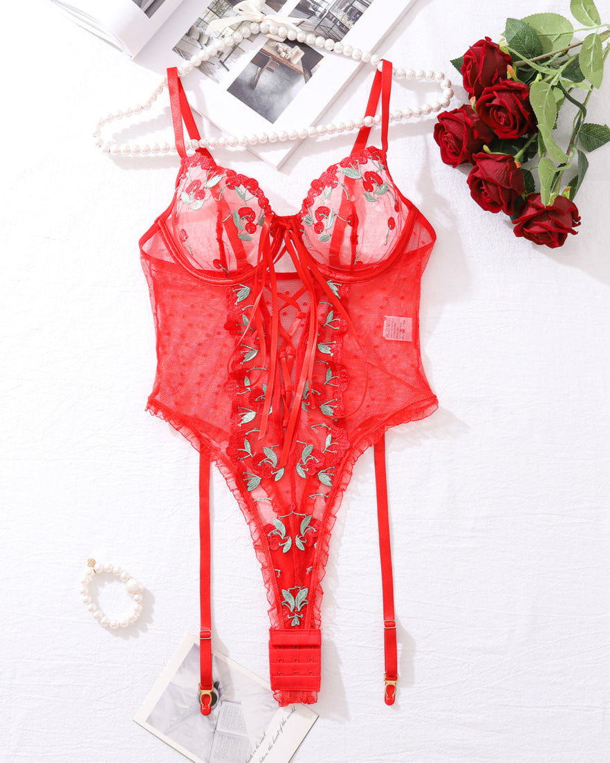 red cherries embroidered lace bodysuit from The Blackmarket