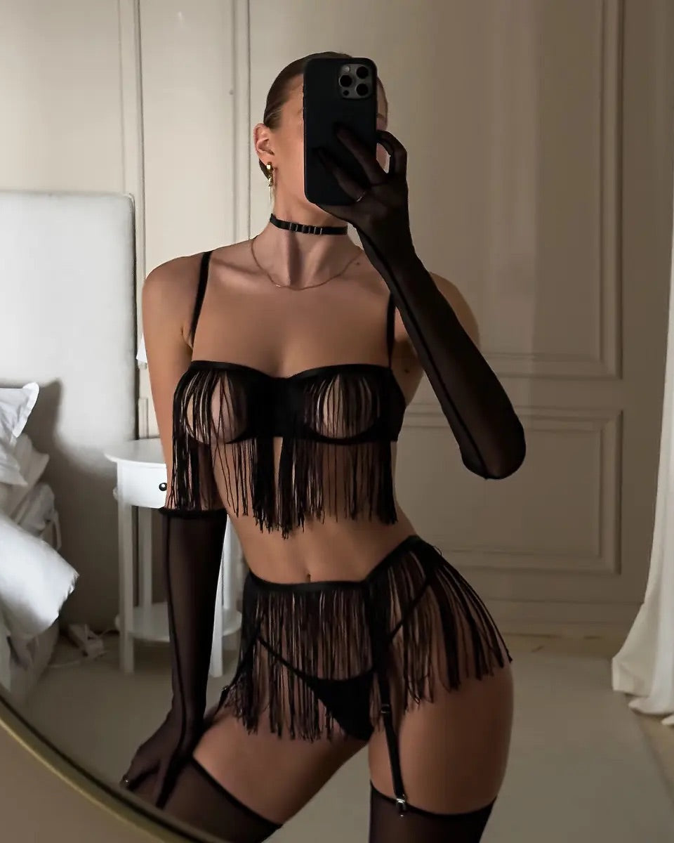 Black tassel bra, skirt, gstring, gloves , choker and stocking set from The Blackmarket Lingerie