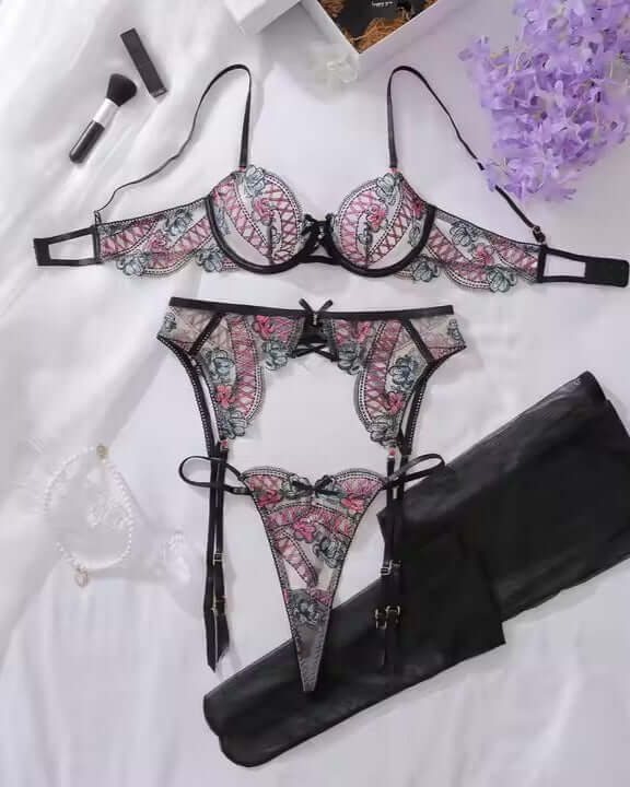 Dream Big Lace Lingerie Set - including bra, garter belt, sheer black stockings from the Blackmarket Lingerie