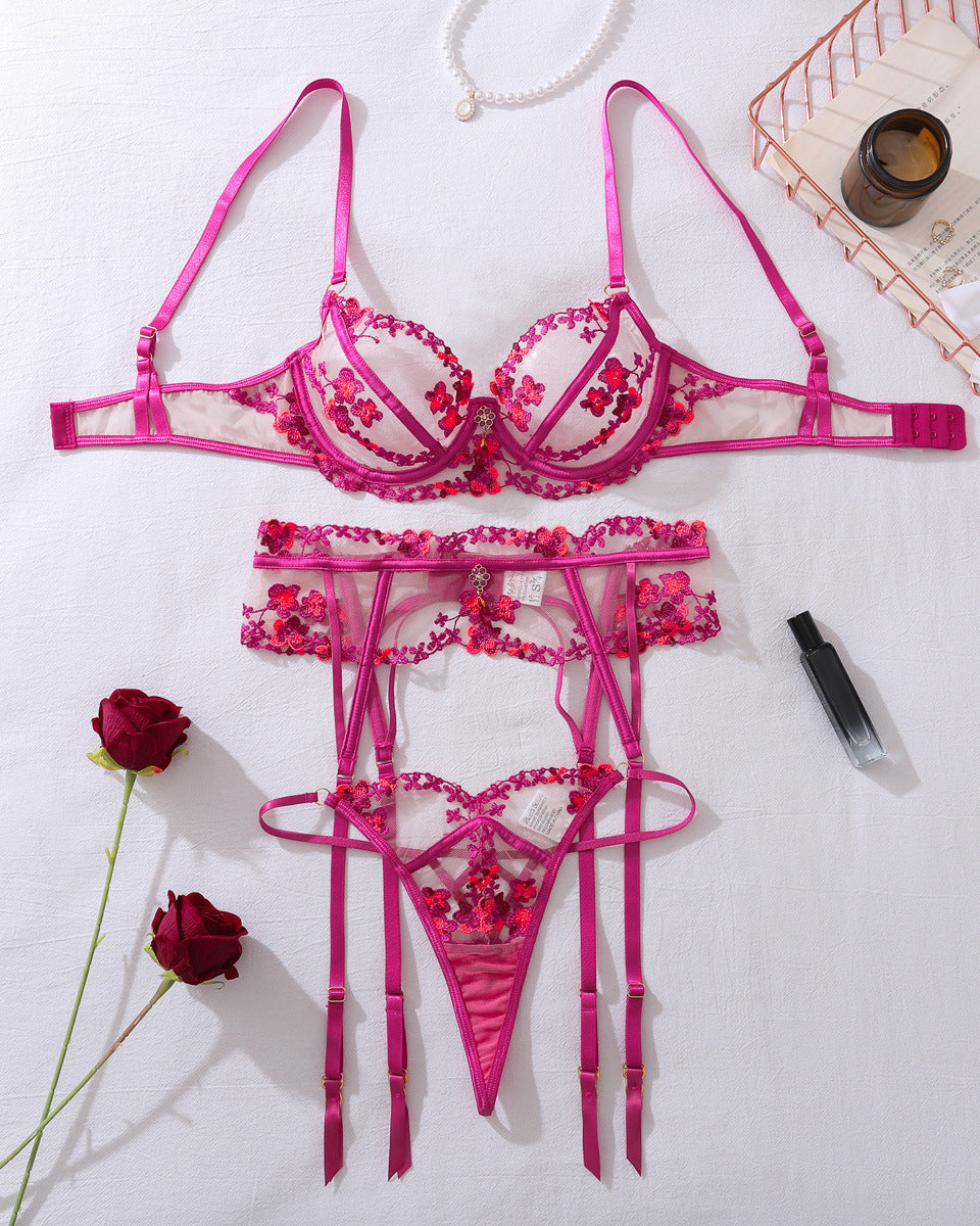 Pink floral lace bra and thong lingerie set with matching garter belt