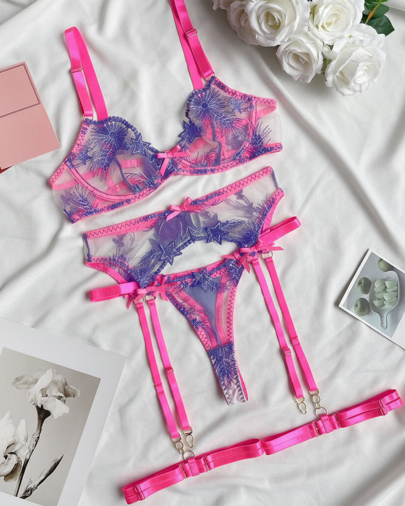 Electric Bubbleyum purple and pink lace bra, G, garter belt and garters lingerie set from The Blackmarket