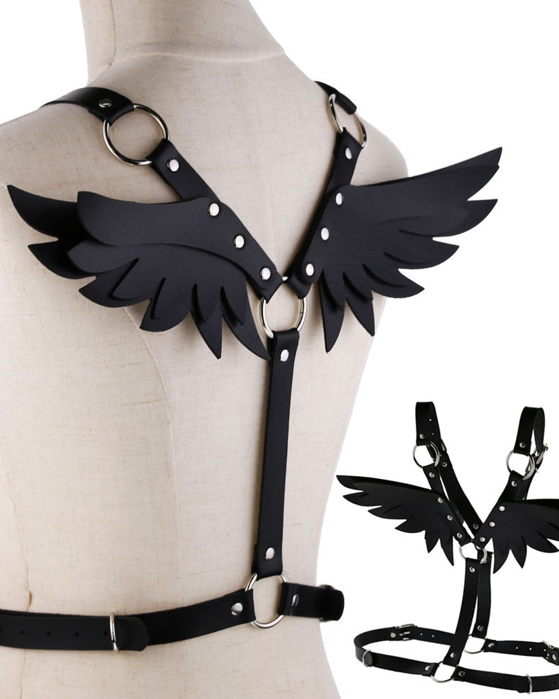 Faux leather harness with wing-shaped back detail on mannequin, back View