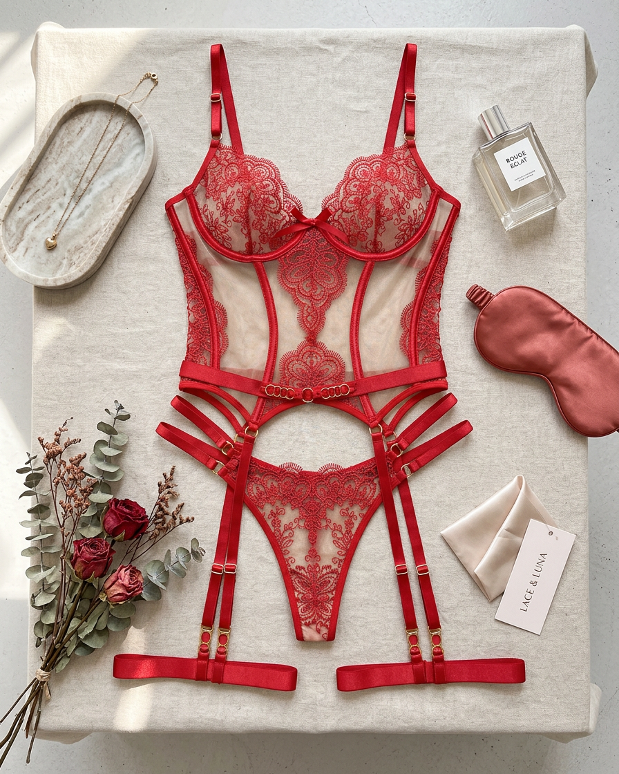 structured red lace lingerie with boning and garter straps