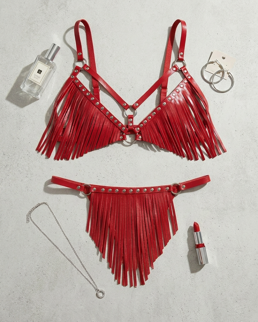 Red leather tassel bra and brief harness set