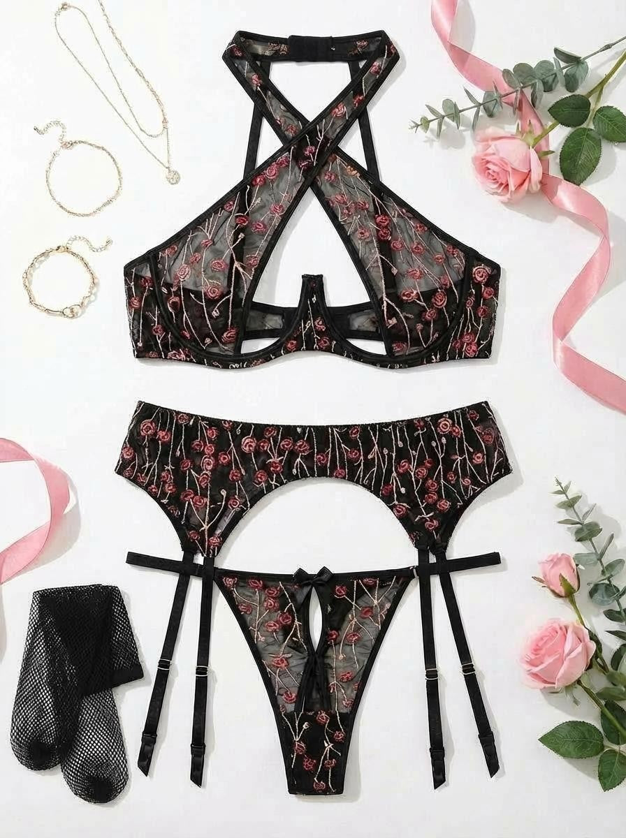 Curvy halter neck open crotch lingerie set from The Blackmarket Lingerie