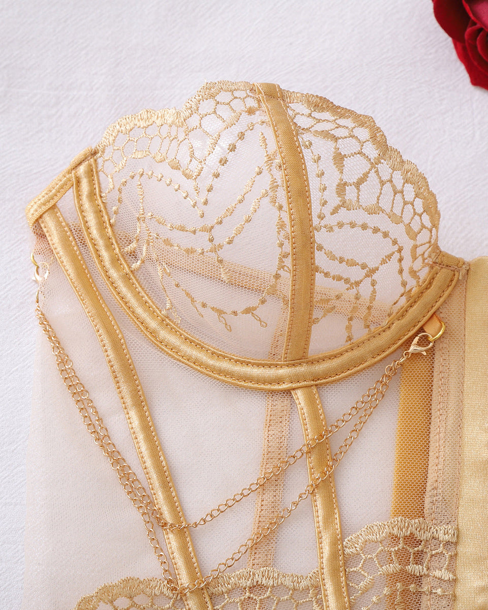 Premium bridal-inspired lingerie set in champagne gold with sculpting bustier design.
