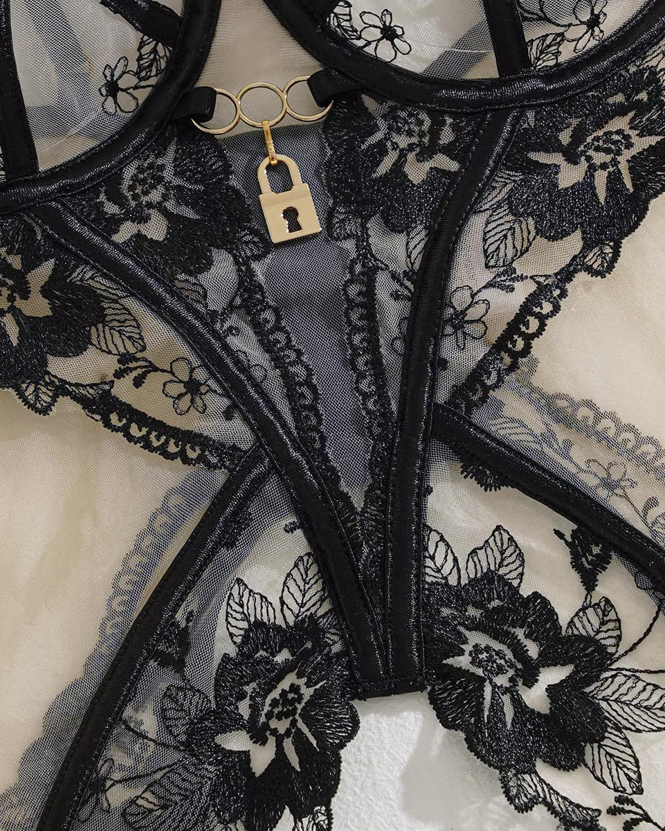 Sexy Black lace basque lingerie set with G and garters and gold locks from the Blackmarket Lingerie