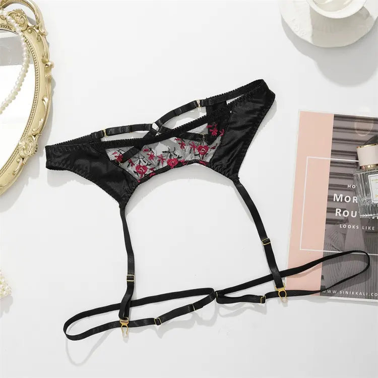 Never Promised You a Rose Garden Lace Bra, G-String, and Garter Belt Set - The Blackmarket Lingerie and Swimwear