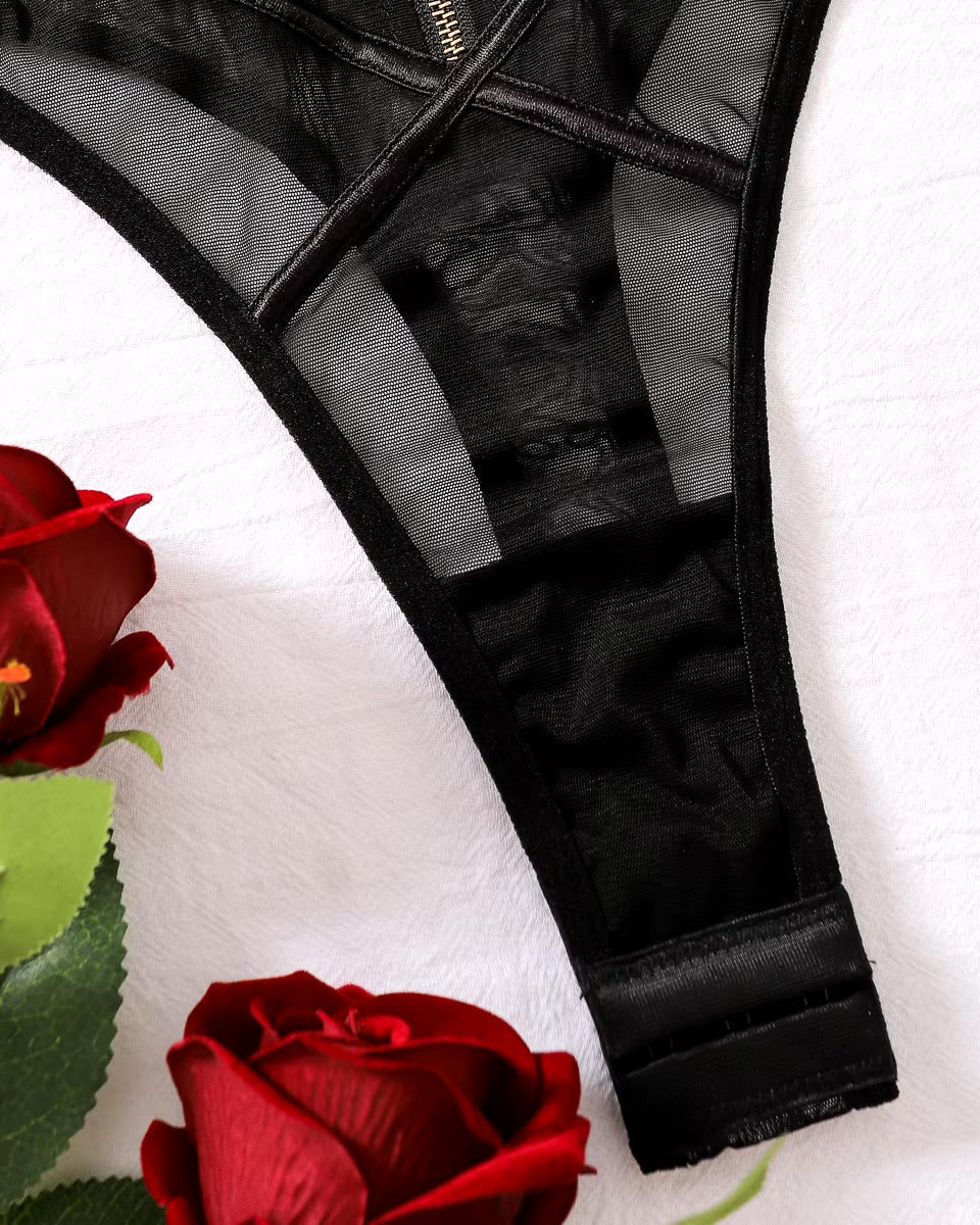 Make it Happen - bold and beautiful, red, green and black lingerie zip up front bodysuit set. Sizes S - L