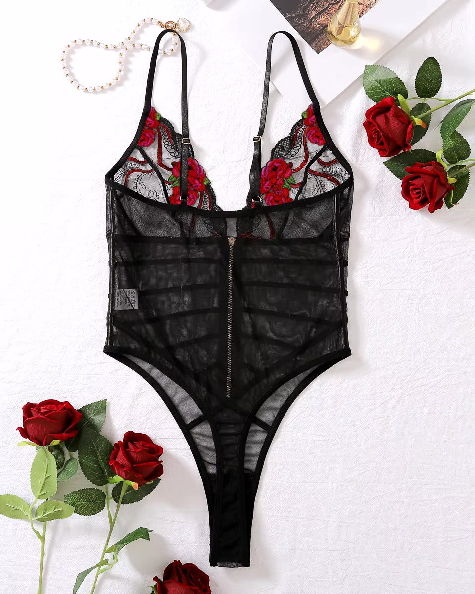 Make it Happen - bold and beautiful, red, green and black lingerie zip up front bodysuit set. Sizes S - L