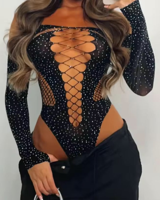 Women's Rhinestone Stretch Long sleeve bodysuit in Black