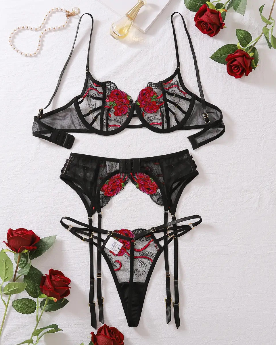 black and red lace floral women's lingerie set with bra, garter belt and matching G