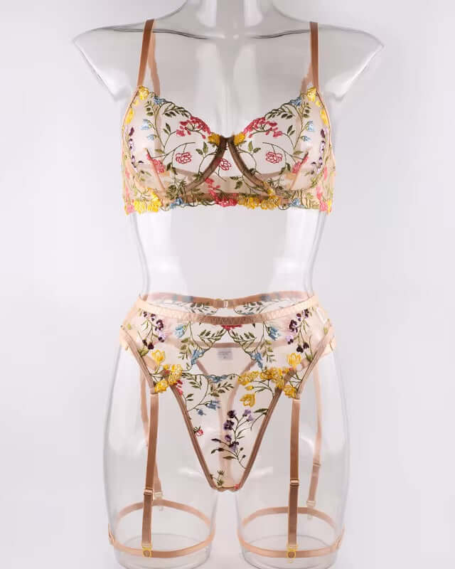 Floral lingerie set on a mannequin against a white background