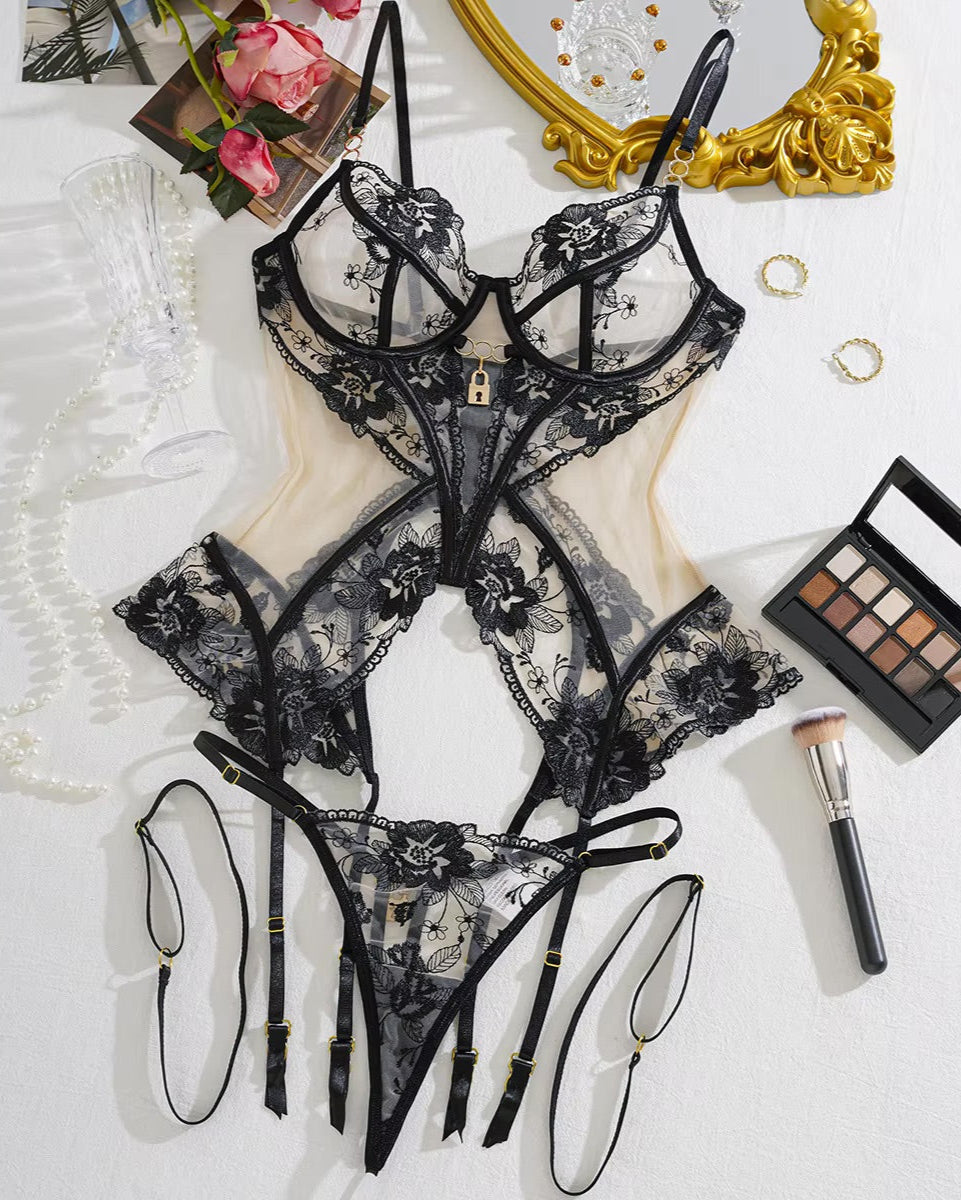 Sexy Black lace basque lingerie set with G and garters and gold locks from the Blackmarket Lingerie