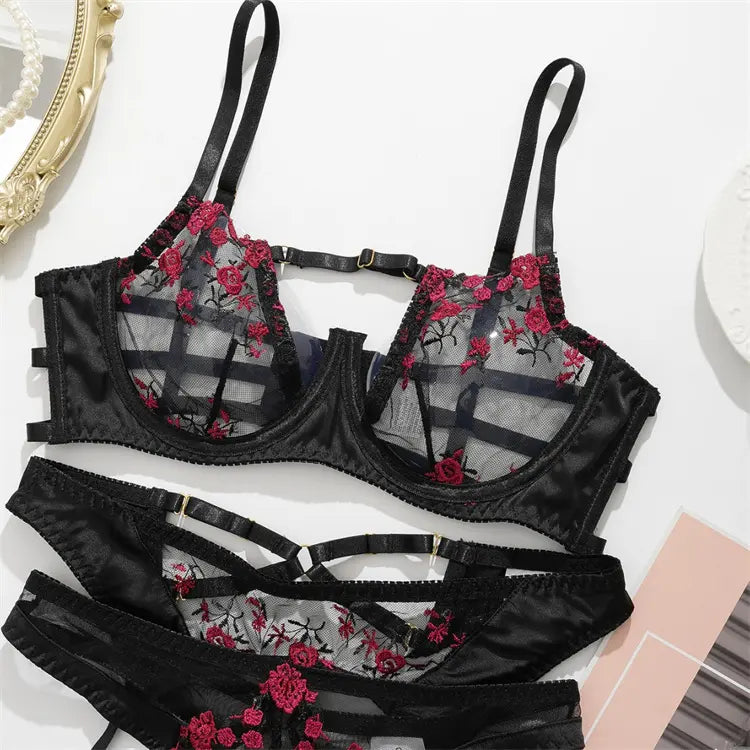 Never Promised You a Rose Garden Lace Bra, G-String, and Garter Belt Set - The Blackmarket Lingerie and Swimwear