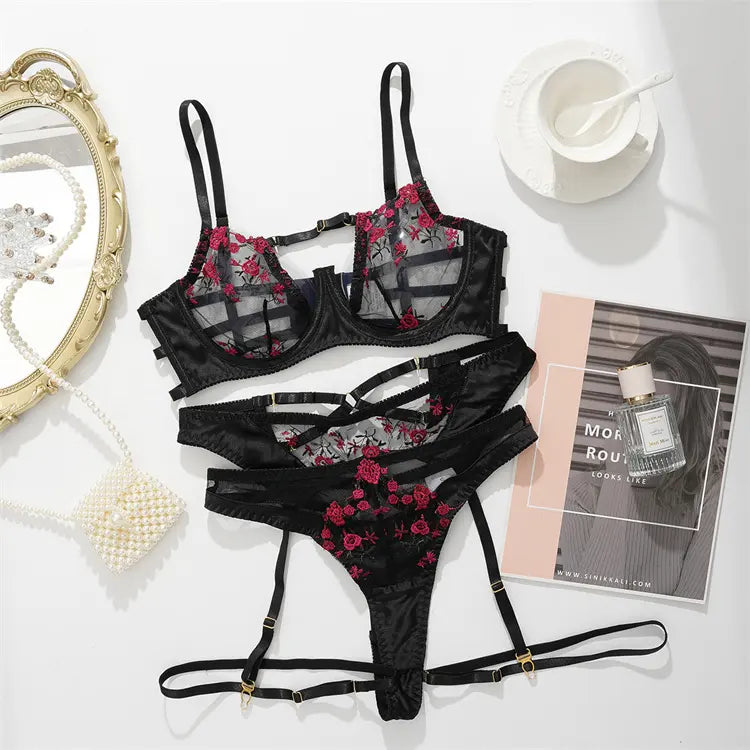 Never Promised You a Rose Garden Lace Bra, G-String, and Garter Belt Set - The Blackmarket Lingerie and Swimwear