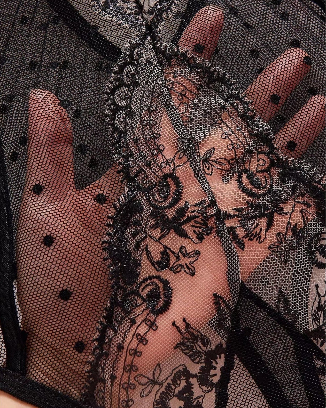 Fleur de Noir black sheer and embroidered lace bodysuit lingerie