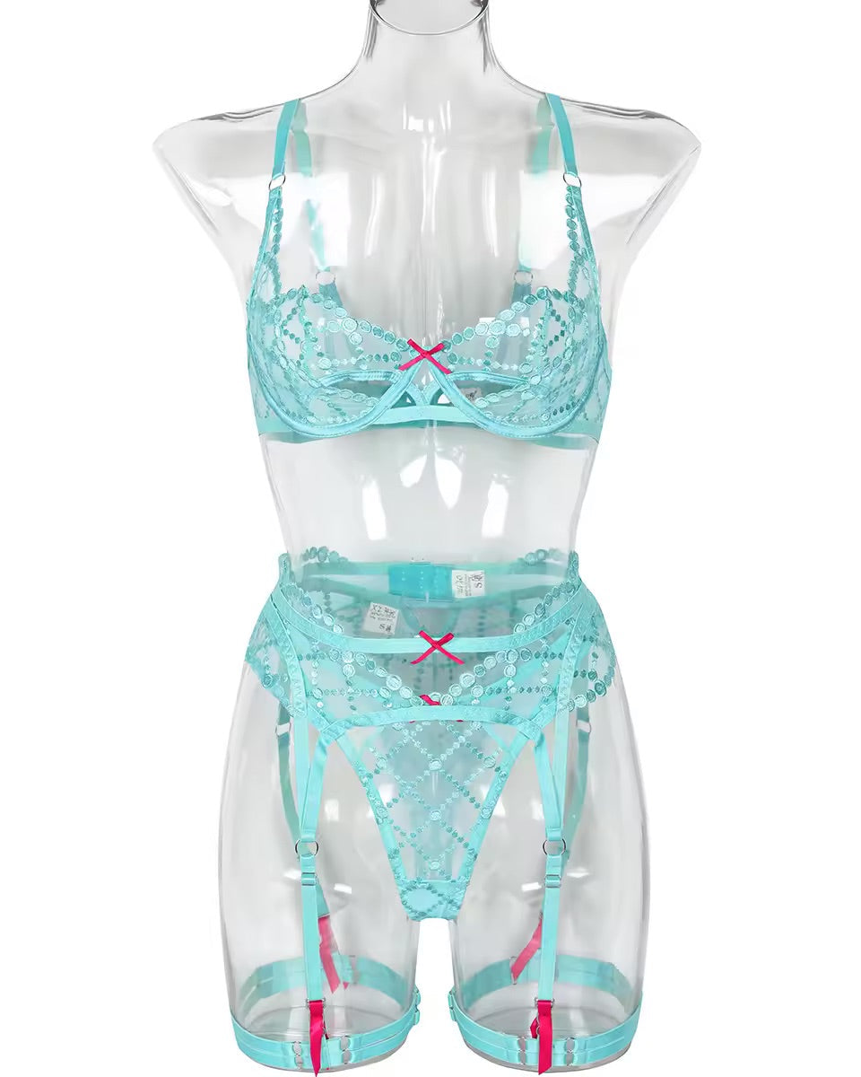 Pretty Please Bra, G, Garter belt, Garters lingerie set in turquoise lace from The Blackmarket