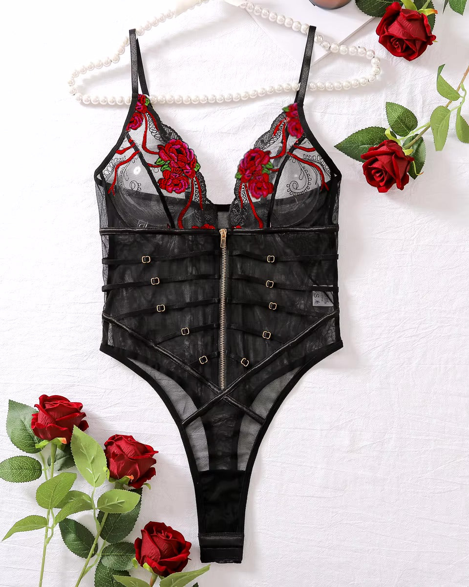 Make it Happen - bold and beautiful, red, green and black lingerie zip up front bodysuit set. Sizes S - L
