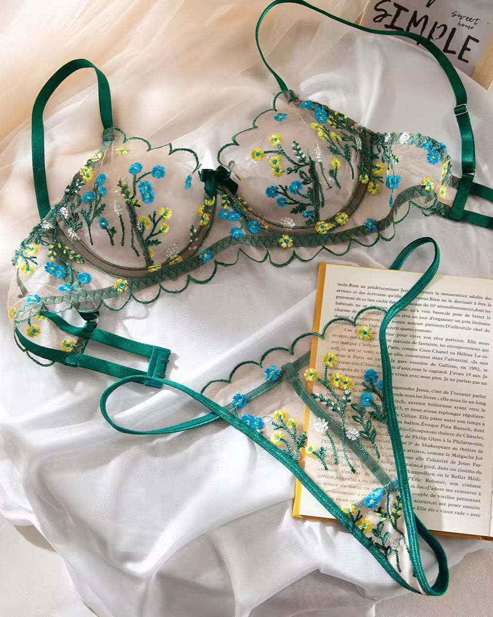 A Fresh Start Green Floral Lace, bra and G lingerie set from The Blackmarket Lingerie.