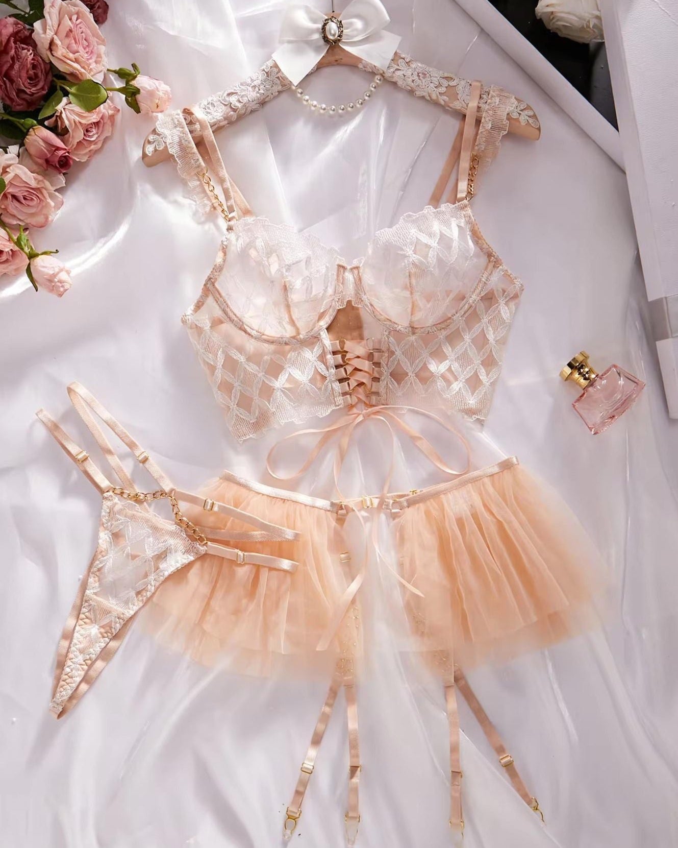 Drunk on Love 3 piece bustier, garter skirt and matching G lingerie set from The Blackmarket Lingerie