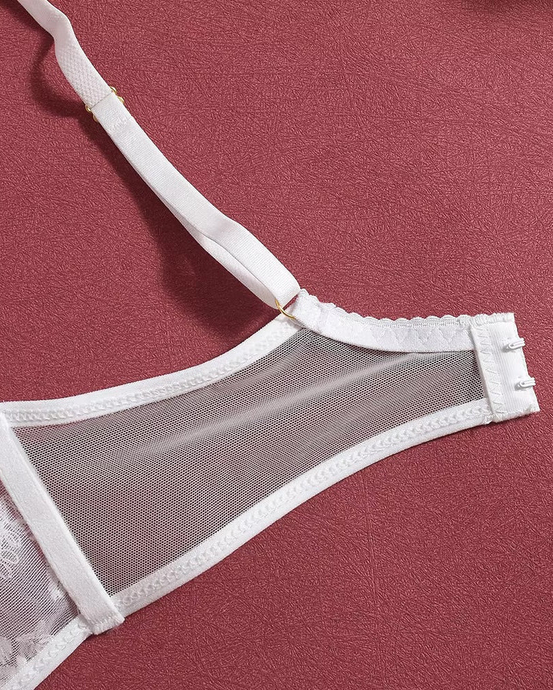 Catch Your Breath - White Lace Bra, G String, Garter Belt and Garter Set - The Blackmarket Lingerie and Swimwear