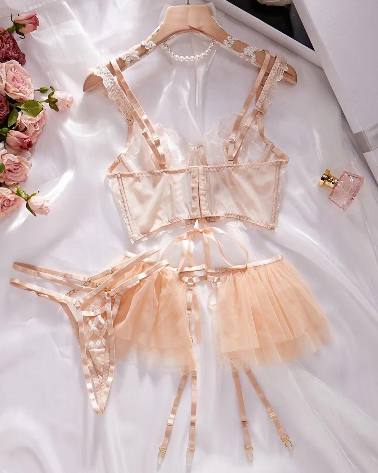 Drunk on Love 3 piece bustier, garter skirt and matching G lingerie set from The Blackmarket Lingerie