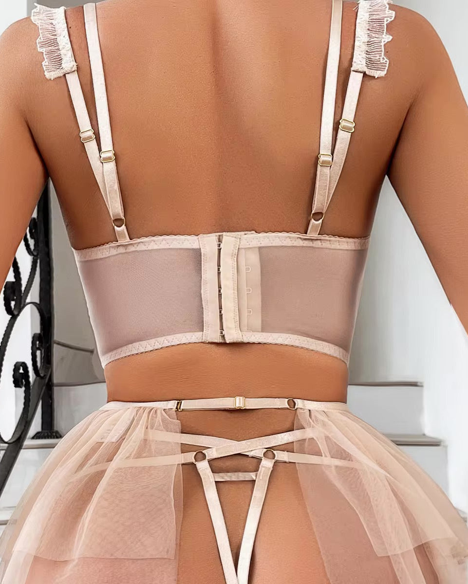 Drunk on Love 3 piece bustier, garter skirt and matching G lingerie set from The Blackmarket Lingerie