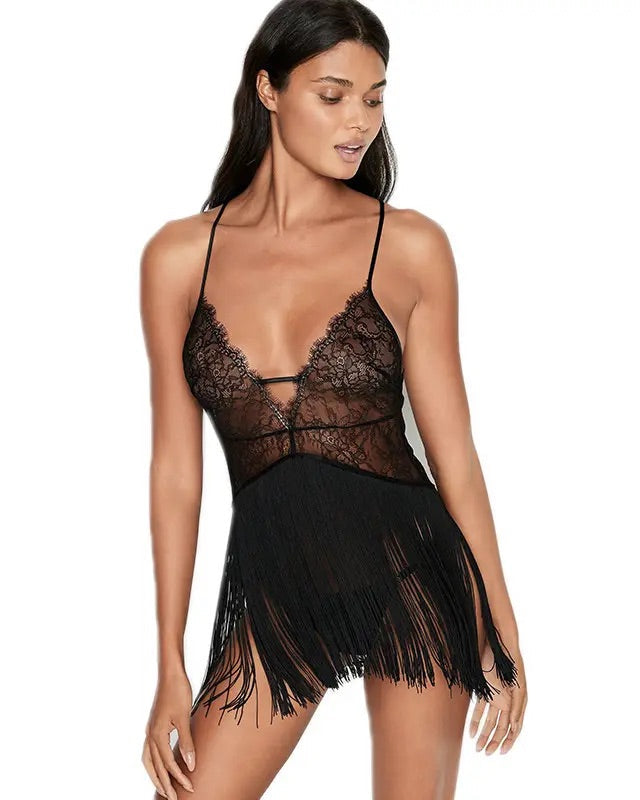 black lace tasselled slip with thong lingerie set