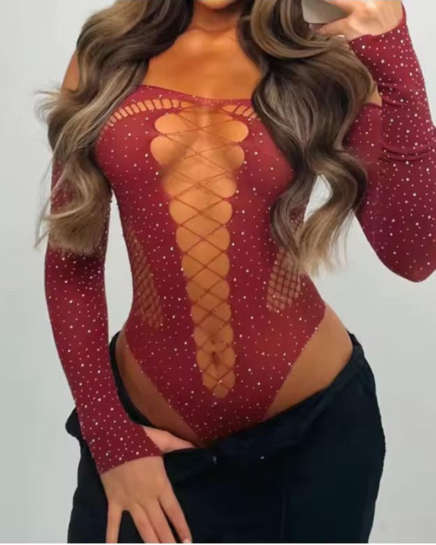 Women's Rhinestone Stretch Long sleeve bodysuit in Burgundy