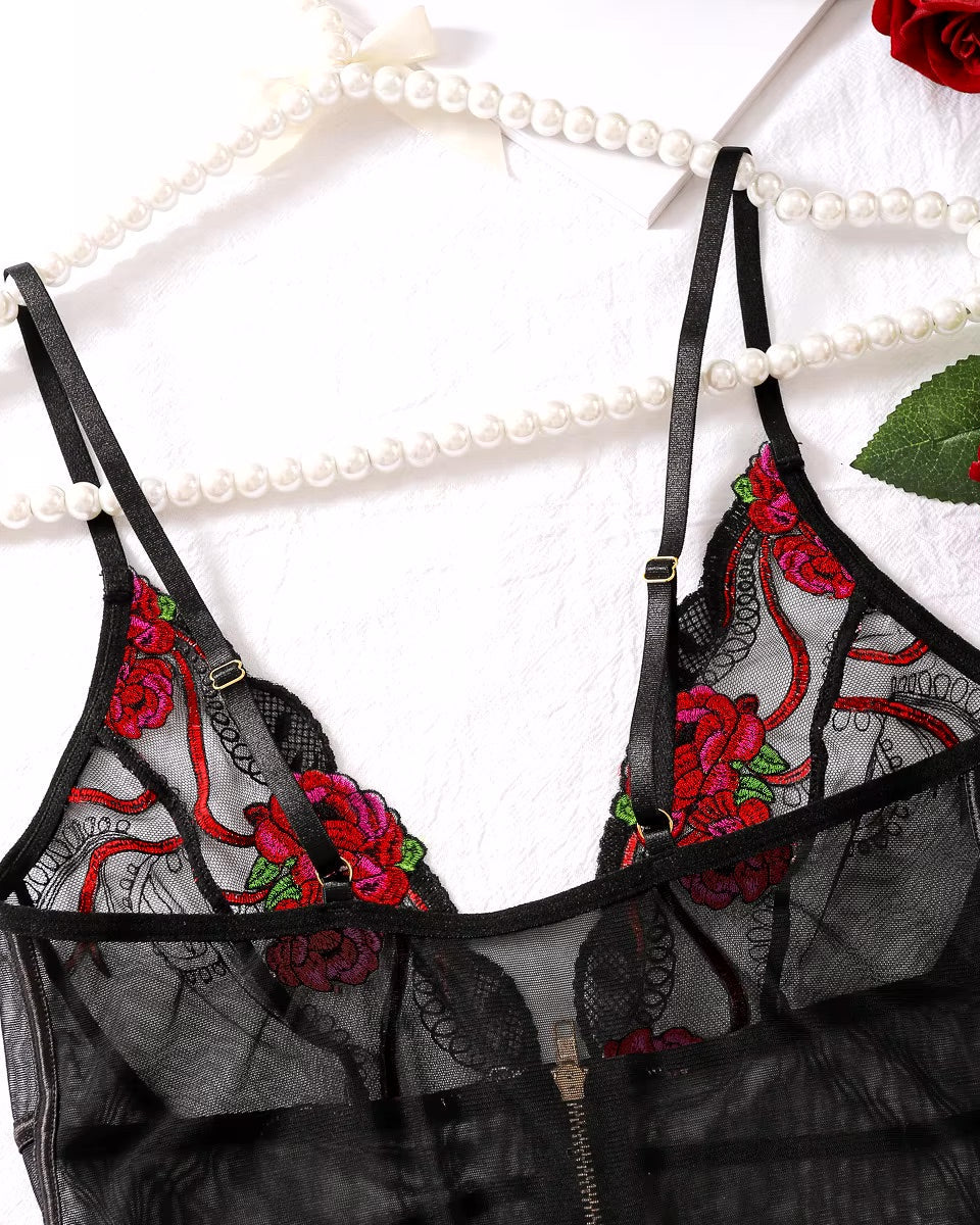 Make it Happen - bold and beautiful, red, green and black lingerie zip up front bodysuit set. Sizes S - L