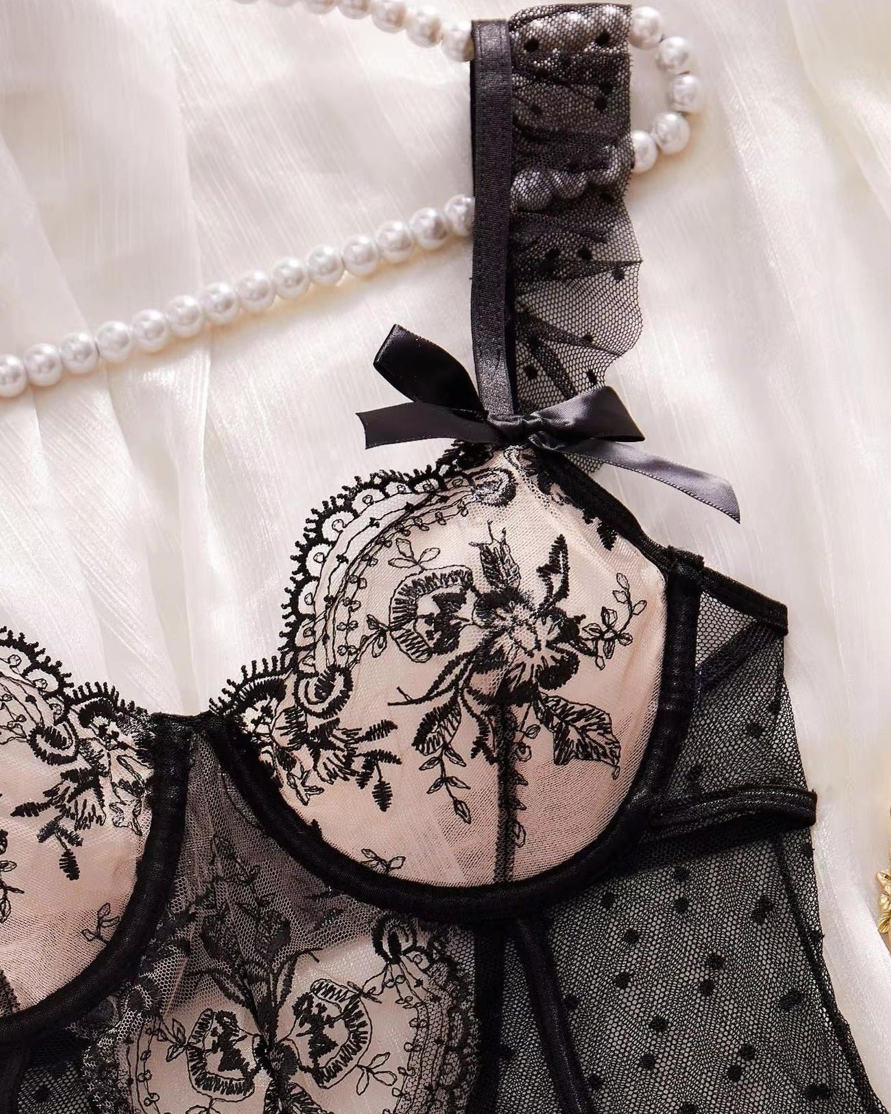 Fleur de Noir black sheer and embroidered lace bodysuit lingerie