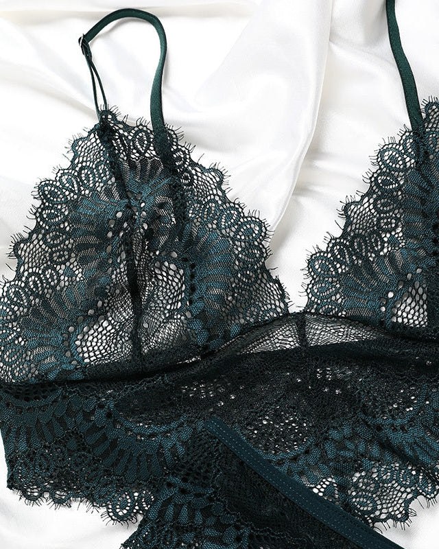 Forest green wireless triangle lace bralette with adjustable shoulder straps